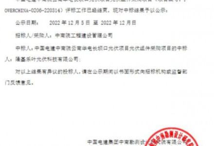 隆基樂葉中標中國電建中南院云南華電長壩口光伏組件采購項目