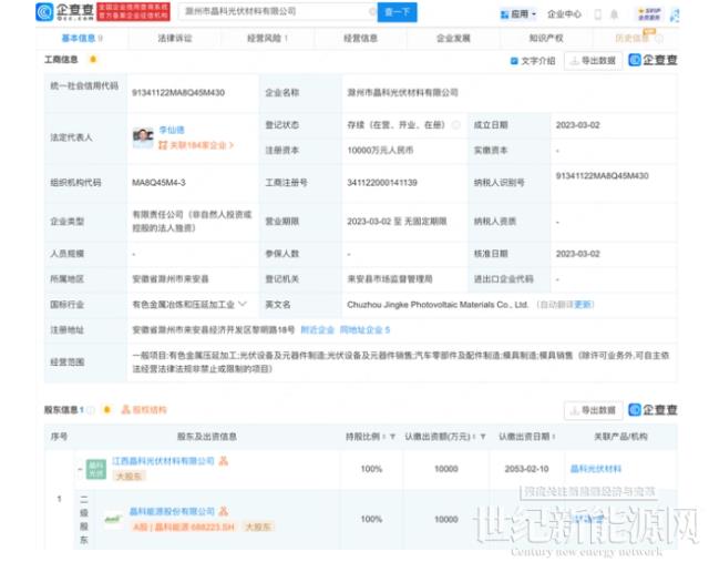 晶科能源于滁州投資新設(shè)光伏材料公司，注冊(cè)資本1億元
